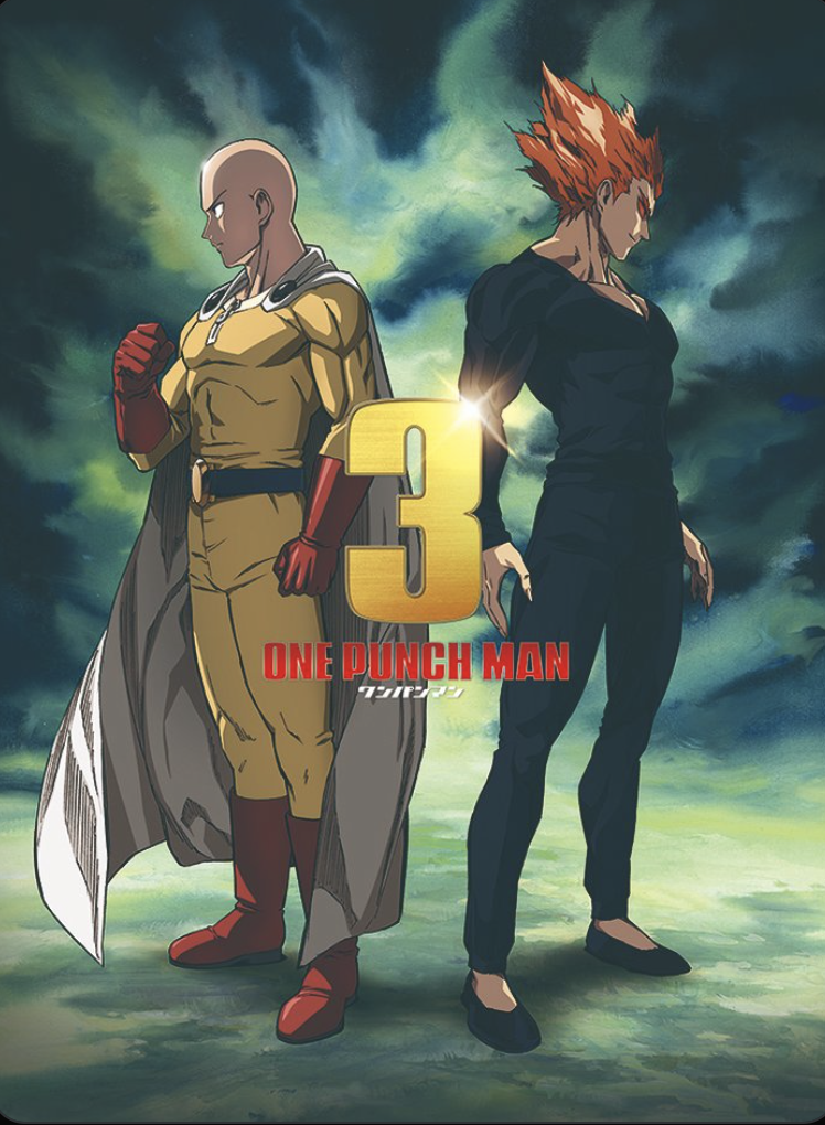 Saitama and Garou facing off in One Punch Man Season 3 promotional image.